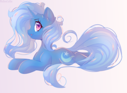 Size: 3450x2550 | Tagged: safe, artist:melloncollie-chan, trixie, pony, unicorn, g4, female, gradient background, high res, mare, prone, smiling, solo