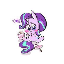Size: 800x800 | Tagged: safe, artist:yang0, starlight glimmer, pony, unicorn, g4, belly, belly button, blush sticker, blushing, candy, chibi, chubby, cute, female, food, frown, glimmerbetes, lollipop, mare, popcorn, popsicle, sad, simple background, sitting, spread legs, spreading, stomach ache, stomach noise, white background