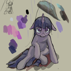 Size: 1280x1280 | Tagged: safe, artist:erijt, twilight sparkle, pony, unicorn, g4, female, floppy ears, leaf, looking at you, mare, rain, sad, solo, unicorn twilight, wet mane