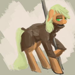 Size: 1280x1279 | Tagged: safe, artist:erijt, applejack, earth pony, pony, g4, abstract background, clothes, female, floppy ears, jacket, lidded eyes, mare, missing accessory, pole, smiling, solo
