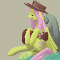 Size: 1280x1280 | Tagged: safe, artist:erijt, fluttershy, pegasus, pony, g4, cowboy hat, cutie mark, eyes closed, female, floppy ears, gravestone, guitar, hat, implied death, mare, open mouth, simple background, sitting, solo