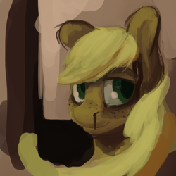 Size: 579x579 | Tagged: safe, artist:erijt, applejack, earth pony, pony, g4, blood, bust, female, lidded eyes, mare, missing accessory, nosebleed, solo