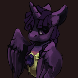 Size: 899x899 | Tagged: safe, artist:erijt, twilight sparkle, alicorn, pony, g4, armor, bust, eye clipping through hair, female, floppy ears, lidded eyes, looking at you, mare, simple background, solo, twilight sparkle (alicorn)