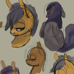 Size: 1280x1280 | Tagged: safe, artist:erijt, scootaloo, oc, oc:sable, earth pony, pony, g4, duo, female, filly, floppy ears, lidded eyes, mare, rear view, simple background, sketch, sketch dump