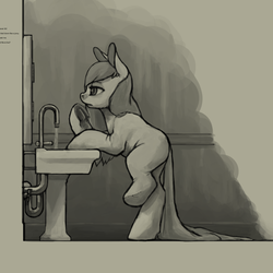Size: 1280x1280 | Tagged: safe, artist:erijt, oc, oc only, oc:sable, earth pony, pony, female, grayscale, lidded eyes, mare, monochrome, sink, solo, washing