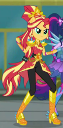 Size: 438x881 | Tagged: safe, screencap, sunset shimmer, equestria girls, equestria girls series, g4, super squad goals, boots, cropped, crystal guardian, female, geode of empathy, high heel boots, magical geodes, offscreen character, ponied up, shoes, smiling, solo focus