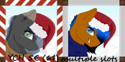 Size: 4800x2400 | Tagged: safe, artist:lilrandum, oc, oc only, oc:lilrandum, oc:xxenocage, pony, commission, female, grin, hat, male, mare, smiling, snow, stallion, ych example, your character here