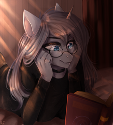 Size: 900x1000 | Tagged: safe, artist:alicesmitt31, oc, oc only, unicorn, anthro, anthro oc, book, clothes, female, glasses, mare, reading, solo