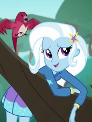 Size: 817x1073 | Tagged: safe, screencap, trixie, bird, a little birdie told me, equestria girls, g4, my little pony equestria girls: better together, clothes, cropped, cute, diatrixes, hoodie, skirt, smiling, tree