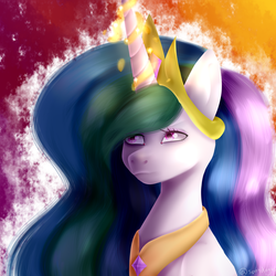 Size: 5000x5000 | Tagged: safe, artist:spotdog46, princess celestia, alicorn, pony, g4, abstract background, absurd resolution, bust, crown, female, glowing horn, horn, lightly watermarked, magic, magic aura, mare, peytral, regalia, solo, watermark