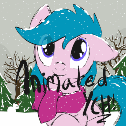 Size: 800x800 | Tagged: safe, artist:lannielona, pony, advertisement, animated, caption, clothes, commission, gif, gif with captions, mountain, scarf, sketch, snow, solo, tree, winter, your character here