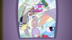 Size: 1280x720 | Tagged: safe, screencap, discord, rainbow dash, draconequus, pony, g4, my little pony best gift ever, annoyed, clothes, crossed arms, duo, female, hat, male, mare, scarf, window, winter outfit