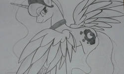Size: 1024x615 | Tagged: safe, artist:enviaart, princess luna, alicorn, pony, g4, female, grayscale, looking at you, looking back, looking back at you, monochrome, pencil drawing, simple background, solo, spread wings, traditional art, white background, wings