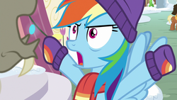 Size: 1280x720 | Tagged: safe, screencap, discord, meadow song, rainbow dash, pegasus, pony, best gift ever, g4, clothes, female, hat, mare, scarf, solo focus, winter outfit