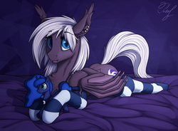 Size: 3400x2500 | Tagged: safe, artist:phenya, princess luna, oc, oc only, oc:stargazer, bat pony, pony, g4, bat pony oc, bat wings, bed, chest fluff, clothes, ear fluff, ear piercing, fangs, female, high res, hoof hold, looking at you, lying down, mare, open mouth, piercing, plushie, signature, simple background, socks, solo, striped socks, wing claws, wings