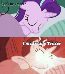 Size: 1080x1220 | Tagged: safe, edit, edited screencap, editor:apex soundwave, screencap, starlight glimmer, pony, unicorn, g4, awakening, bed, caption, crossing the memes, deep fried meme, discovery family logo, duo, female, glowing eyes, glowing eyes meme, i'm already tracer, image macro, mare, meme, no mercy, offscreen character, overwatch, sleeping, solo, song reference, text, tracer, waking up