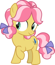 Size: 3000x3552 | Tagged: safe, artist:cloudy glow, kettle corn, earth pony, pony, g4, marks and recreation, .ai available, bow, cute, female, filly, foal, hair bow, high res, kettlebetes, raised hoof, simple background, smiling, solo, standing, tail bow, transparent background, vector