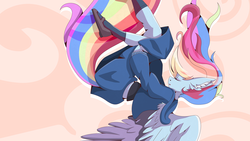 Size: 1920x1080 | Tagged: safe, artist:rariedash, rainbow dash, pegasus, anthro, g4, clothes, ear fluff, eyes closed, falling, female, mare, mary janes, shoes, skirt, socks, solo