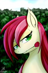 Size: 2160x3271 | Tagged: safe, artist:dashy21, roseluck, pony, g4, female, flower, flower in mouth, grin, high res, looking at you, mare, mouth hold, smiling, solo