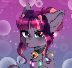 Size: 2760x2610 | Tagged: safe, artist:yukomaussi, oc, oc only, oc:luminous tempo, pony, bell, bell collar, chest fluff, christmas, christmas lights, collar, commission, ear fluff, female, high res, holiday, light, looking at you, mare, solo, starry eyes, stars, wingding eyes, ych result