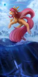 Size: 1509x3070 | Tagged: safe, artist:fluttersheeeee, pegasus, pony, aurora (child of light), child of light, cloud, crepuscular rays, crown, female, jewelry, mare, ocean, ponified, rainbow, regalia, sky, solo, sunlight, sword, underwater, water, weapon