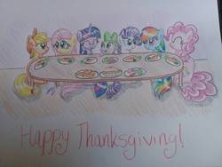 Size: 1632x1224 | Tagged: safe, artist:prinrue, applejack, fluttershy, pinkie pie, rainbow dash, rarity, spike, twilight sparkle, dragon, earth pony, pony, unicorn, g4, carrot, eyes closed, food, herbivore, holiday, male, mane seven, mane six, pie, table, text, thanksgiving, traditional art