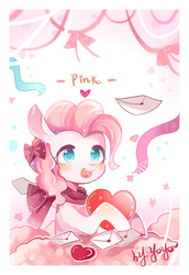Size: 1000x1450 | Tagged: safe, artist:kinda-l, artist:yoyo, pinkie pie, earth pony, pony, g4, blushing, bow, clothes, cute, envelope, female, hair bow, heart, mare, open mouth, scarf, smiling, solo