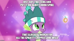 Size: 888x499 | Tagged: safe, edit, edited screencap, screencap, spike, dragon, g4, my little pony best gift ever, caption, discovery family logo, engrish, grammar error, image macro, male, purple background, ring, simple background, solo, text, winged spike, wings, winter outfit