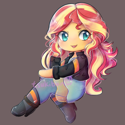 Size: 800x800 | Tagged: safe, artist:tsukibun, sunset shimmer, equestria girls, g4, chibi, clothes, cute, female, jacket, leather jacket, open mouth, pants, shimmerbetes, solo, sticker design