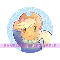 Size: 500x500 | Tagged: safe, artist:tsukibun, applejack, earth pony, pony, g4, chibi, clothes, cowboy hat, female, hat, looking at you, mare, obtrusive watermark, scarf, solo, sweater, watermark, winter outfit