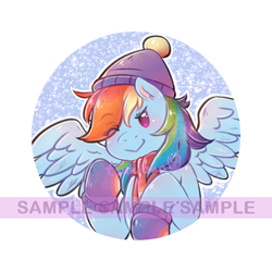 Size: 500x500 | Tagged: safe, artist:tsukibun, rainbow dash, pony, g4, blushing, female, mare, obtrusive watermark, one eye closed, solo, watermark, wink, winter outfit