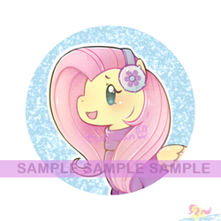 Size: 500x500 | Tagged: safe, artist:tsukibun, fluttershy, pony, g4, my little pony best gift ever, clothes, female, fluttershy's purple sweater, mare, obtrusive watermark, solo, sweater, sweatershy, watermark, winter outfit