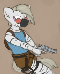 Size: 1126x1377 | Tagged: safe, artist:marsminer, oc, oc only, zebra, anthro, gun, handgun, male, revolver, solo, stallion, tomb raider, weapon