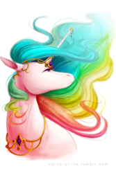 Size: 1280x1920 | Tagged: safe, artist:xdrop-of-inkx, princess celestia, alicorn, pony, g4, bust, female, horn, horn jewelry, lightly watermarked, looking at something, mare, peytral, simple background, solo, watermark, white background, windswept mane