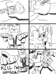Size: 787x1039 | Tagged: safe, artist:bronyclopman, pinkie pie, human, pony, comic:a chip off the old block, g4, chip hazard, comic, crossover, hug, monochrome, small soldiers, toy