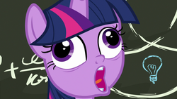 Size: 1280x720 | Tagged: safe, screencap, twilight sparkle, alicorn, pony, best gift ever, chalkboard, close-up, crazy face, derp, discovery family logo, equation, faic, female, invisible stallion, lightbulb, open mouth, pudding face, solo, twilight sparkle (alicorn), twilight sparkle is best facemaker, wat