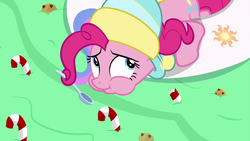 Size: 1280x720 | Tagged: safe, screencap, pinkie pie, best gift ever, g4, candy, candy cane, chocolate chip cookie, cookie, eating, food, hat, prehensile mane, princess celestia's cutie mark, pudding, puddinghead's pudding, swan boat