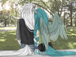 Size: 1280x960 | Tagged: safe, artist:dementra369, oc, oc only, oc:noize, oc:rin frost, earth pony, pegasus, anthro, braid, duo, female, intertwined manes, male, shipping, sitting, straight