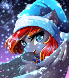 Size: 3159x3573 | Tagged: safe, artist:airiniblock, oc, oc only, oc:arian blaze, pegasus, pony, rcf community, chest fluff, christmas, collar, commission, cute, female, hat, high res, holiday, santa hat, smiling, snow, snowfall, solo, winter