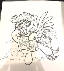Size: 1862x2048 | Tagged: safe, artist:whitediamonds, rainbow dash, scootaloo, pegasus, pony, g4, the washouts (episode), cheering, fangirl, female, flying, foreshadowing, monochrome, solo, traditional art
