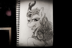Size: 4288x2848 | Tagged: safe, artist:calveen, autumn blaze, kirin, g4, sounds of silence, fangs, female, horn, looking at you, monochrome, open mouth, pencil drawing, photo, raised hoof, sketch, sketchbook, smiling, solo, traditional art
