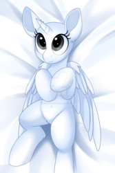Size: 1024x1536 | Tagged: safe, artist:scarlet-spectrum, oc, oc only, alicorn, pony, alicorn oc, bed, body pillow, body pillow design, cute, deviantart watermark, digital arrt, female, looking up, mare, obtrusive watermark, solo, watermark, wide eyes, ych example, your character here