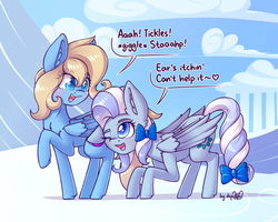 Size: 1920x1536 | Tagged: safe, artist:dsp2003, oc, oc only, oc:flakey hailstone, oc:lusty symphony, pegasus, pony, behaving like a cat, blushing, bow, cloud, cloudsdale, commission, cute, duo, duo female, female, hair bow, heart, mare, one eye closed, open mouth, single panel, tail bow