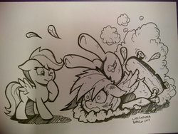 Size: 960x720 | Tagged: safe, artist:latecustomer, rainbow dash, scootaloo, pegasus, pony, g4, accident, black and white, bruised, duo, fail, feather, female, filly, grayscale, ink drawing, mare, monochrome, nose wrinkle, rainbow crash, scooter, simple background, traditional art, white background