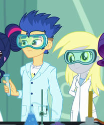 Size: 758x916 | Tagged: safe, screencap, derpy hooves, flash sentry, rarity, sci-twi, twilight sparkle, a queen of clubs, equestria girls, equestria girls series, g4, beaker, chemistry, clothes, cropped, female, goggles, lab coat, male, offscreen character, safety goggles, smoke, test tube