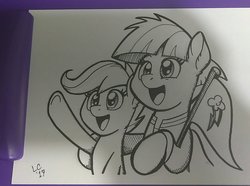Size: 1440x1072 | Tagged: safe, artist:latecustomer, scootaloo, windy whistles, pegasus, pony, g4, adopted, adopted offspring, cutie mark, duo, female, filly, flag, foal, grayscale, mare, monochrome, mother and child, open mouth, open smile, raised hoof, scootadoption, signature, simple background, smiling, traditional art, white background