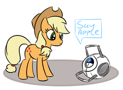 Size: 1554x1139 | Tagged: safe, artist:virtualcipher, applejack, earth pony, pony, g4, crossover, dialogue, female, mare, personality core, portal, portal (valve), portal 2, simple background, wheatley, white background
