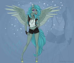 Size: 1212x1024 | Tagged: safe, artist:dementra369, oc, oc only, oc:noize, pegasus, anthro, clothes, ear piercing, female, hand on hip, hoers, makeup, midriff, piercing, shorts, solo, spread wings, vest, wings