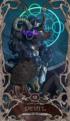 Size: 822x1425 | Tagged: safe, artist:sourcherry, derpibooru exclusive, king sombra, devil, pony, g4, armor, cape, chains, clothes, curved horn, evil eyes, fur, glowing eyes, horn, looking at you, magic, magic circle, major arcana, male, mane, modern art, nouveau, raised hoof, skull, smoke, solo, tarot, tarot card