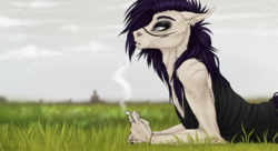 Size: 1320x720 | Tagged: safe, artist:dementra369, oc, oc only, oc:coffin, anthro, bust, cigarette, grass, lying, male, smoking, solo